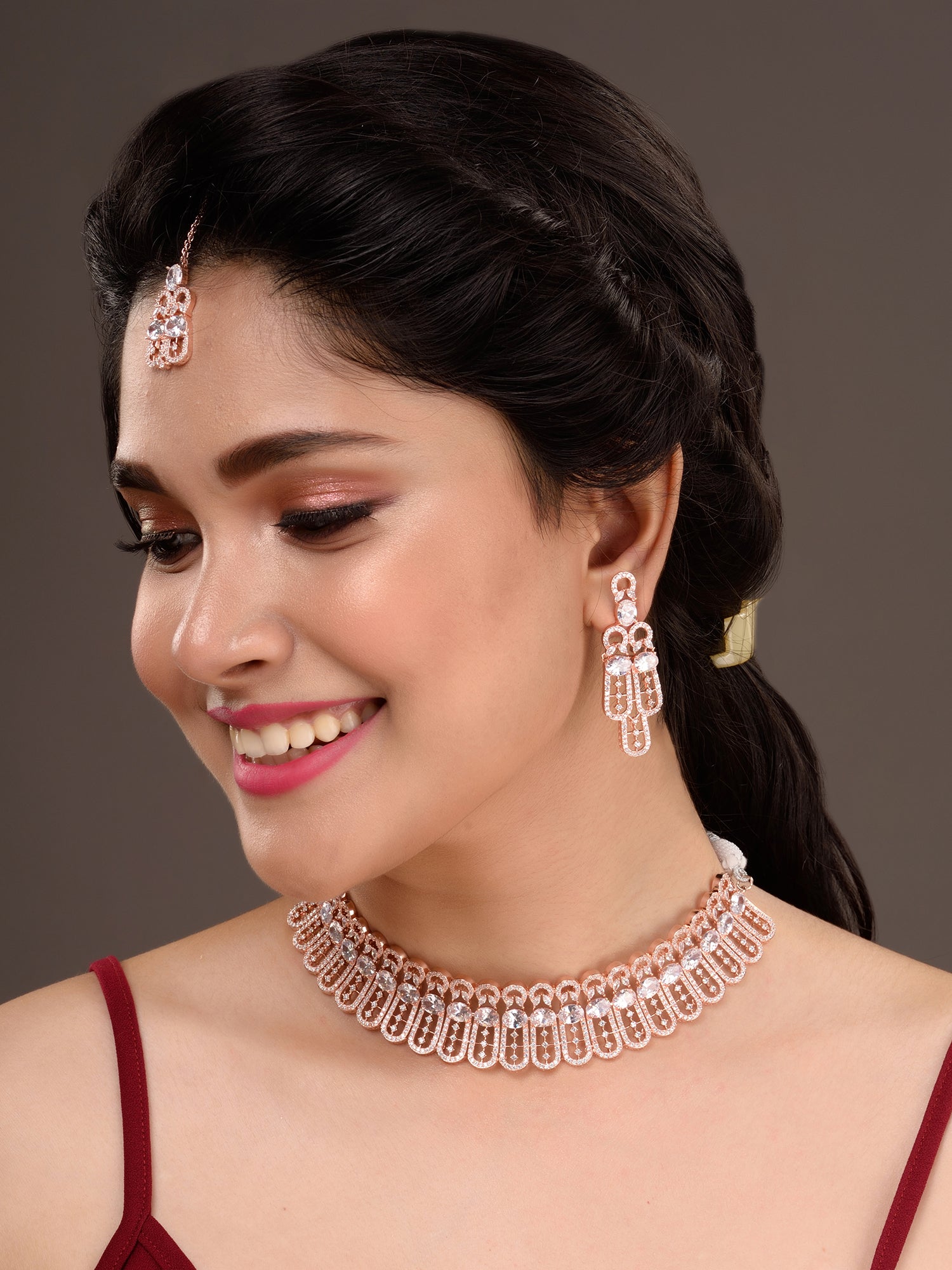 Rose Gold Plated White AD Studded Designer Choker Jewellery Set Mang Tika, zaveri pearls, sale price rs, sale price, sale gold plated, sale gold, sale, rubans, ring, regular price, priyassi j